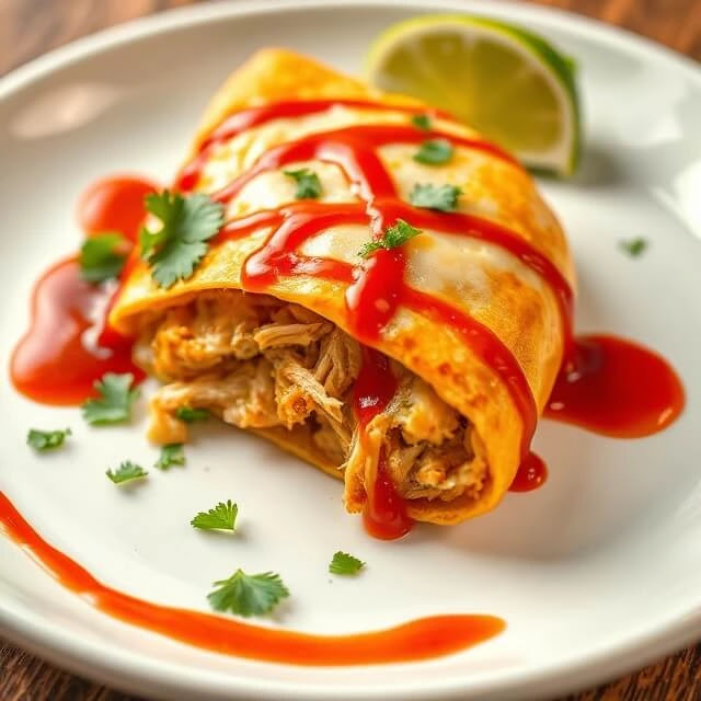 Single Chicken Enchilada with Red Sauce and Cilantro Close-up of a single Chicken Enchilada with red sauce, melted cheese, cilantro, and a lime wedge on a white plate.