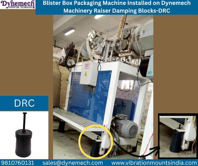 High-speed Blister Box Packaging Machine mounted on Dynemech DRC Machinery Raiser Damping Blocks – delivering Vibration-free, stable, and precise packaging operations.