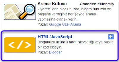 HTML JavaScript gadgetini açarak menü kodumuzu ekliyoruz