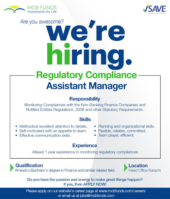 MCB Funds Latest Jobs in Karachi Assistant Manager, Regulatory Compliance 2025