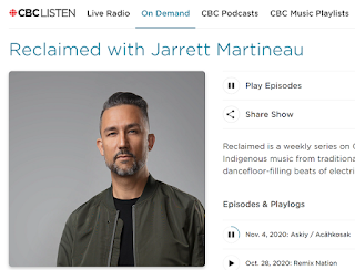 Screenshot of CBC.ca page for their Reclaim show featuring contemporary Indigenous music. Includes picture of host Jarrett Martineau