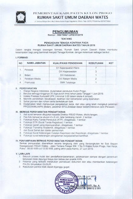 Pengadaan Tenaga Kontrak Pada RSUD Wates Tahun 2019