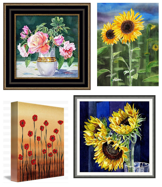 watercolor art with flowers Sunflowers Poppies Roses