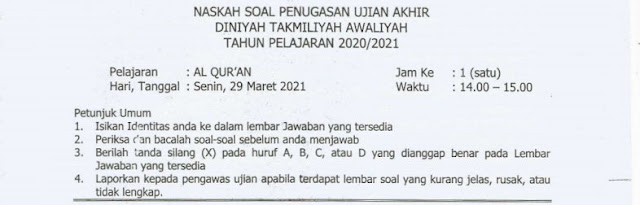 Kumpulan Soal Ujian Akhir Madrasah Kelas 4 MDTA Mapel Al Qur'an Terbaru Tahun 2021 Dilengkapi Kunci Jawaban!