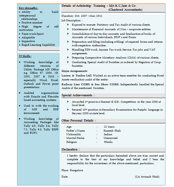 Free Download Excellent Chartered Accountant Resume Sample