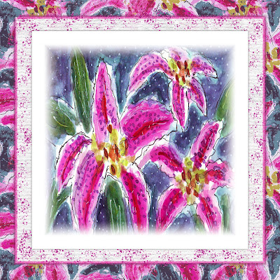 Square greeting card design featuring bright pink  watercolour pink lilies and alyered card, paper and pattern effects behind the main graphic.