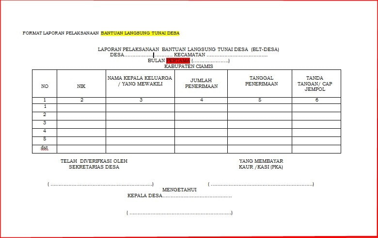 Format Laporan Pelaksanaan BLT Dana Desa Format Laporan Pelaksanaan BLT Dana Desa Tahun 2021