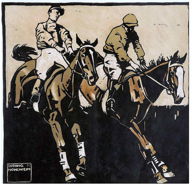 a Ludwig Hohlwein illustration, 2 horses steeplechase jumping