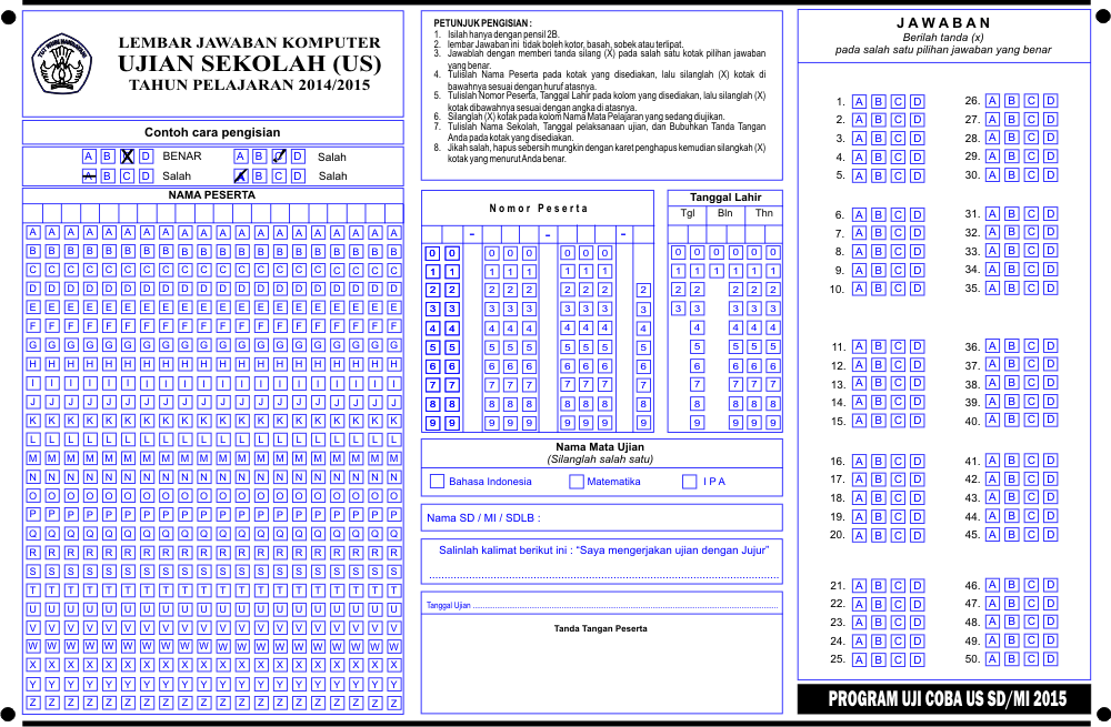 Contoh Lembar Jawaban US/M Resmi 2015 - Info Edukasi