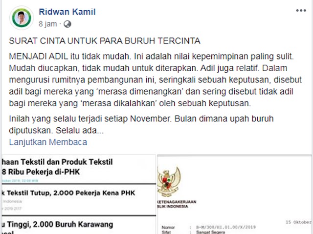 Terkait Surat Edaran Penetapan UMK, Ridwan Kamil Posting Surat Cinta untuk Buruh, Begini Isinya