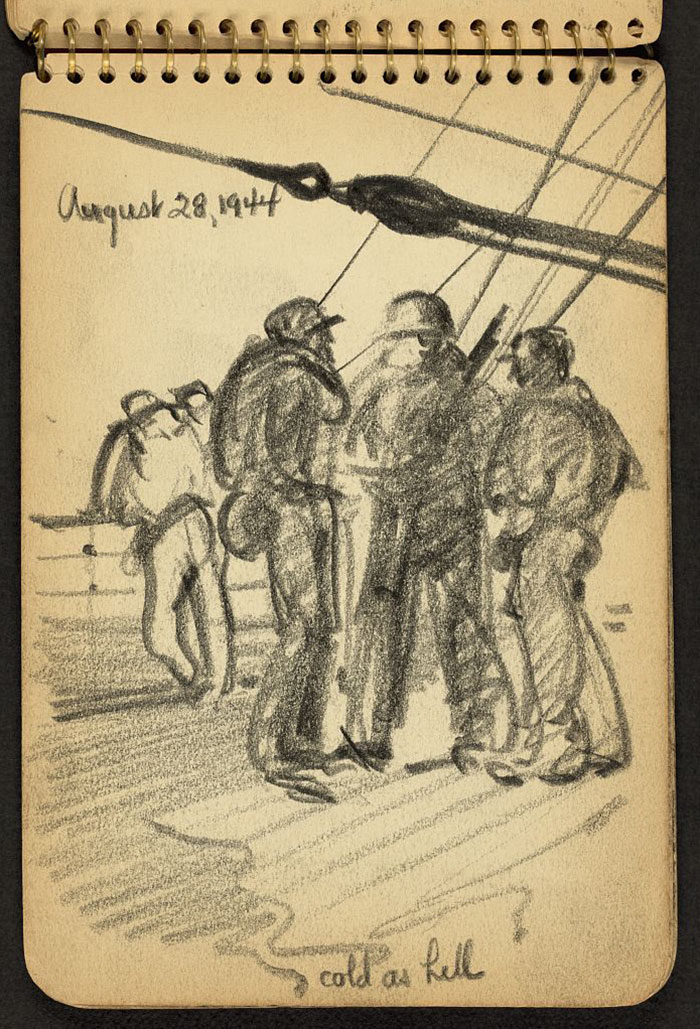 21-Year-Old WWII Soldier’s Sketchbooks Show War Through The Eyes Of An Architect - Cold As Hell. Soldiers On Deck Of Ship