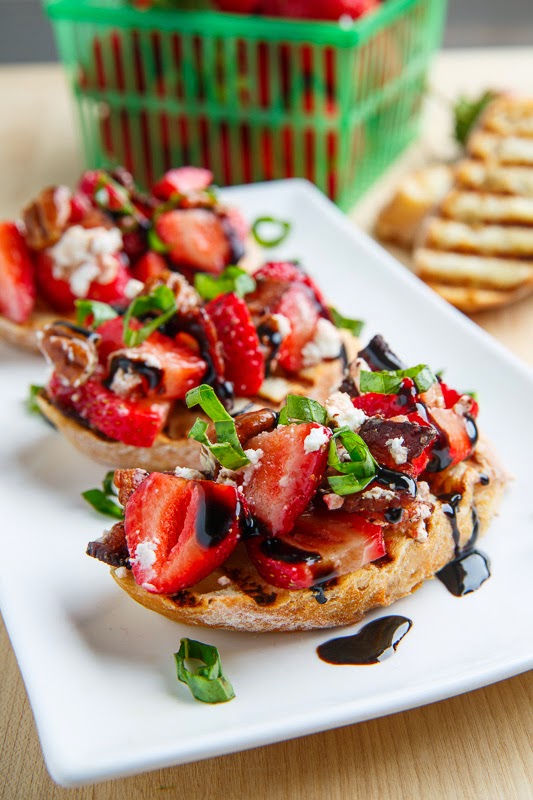 Strawberry Bruschetta with Bacon, Candied Pecans, Goat Cheese and Balsamic Drizzle