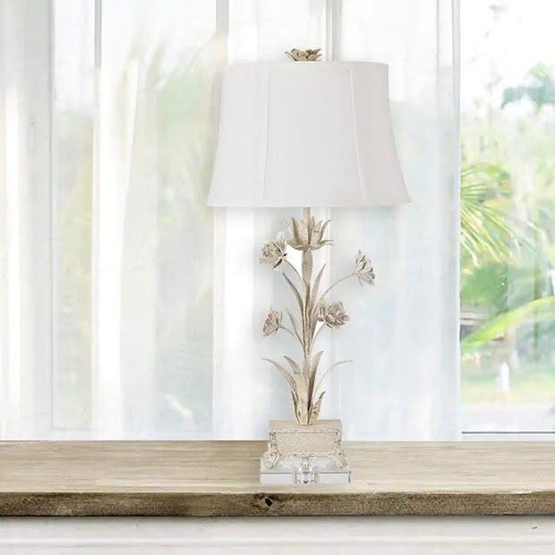 white metal table lamp with flowers and white shade