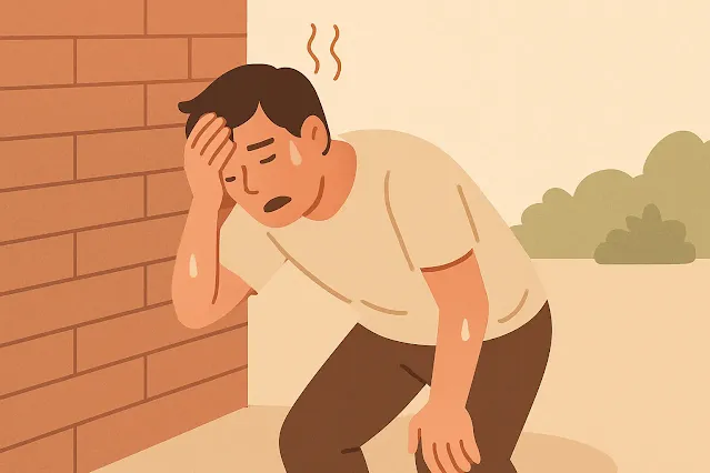 더위 먹었을 때 어지럼증과 피로를 겪는 남성의 일러스트