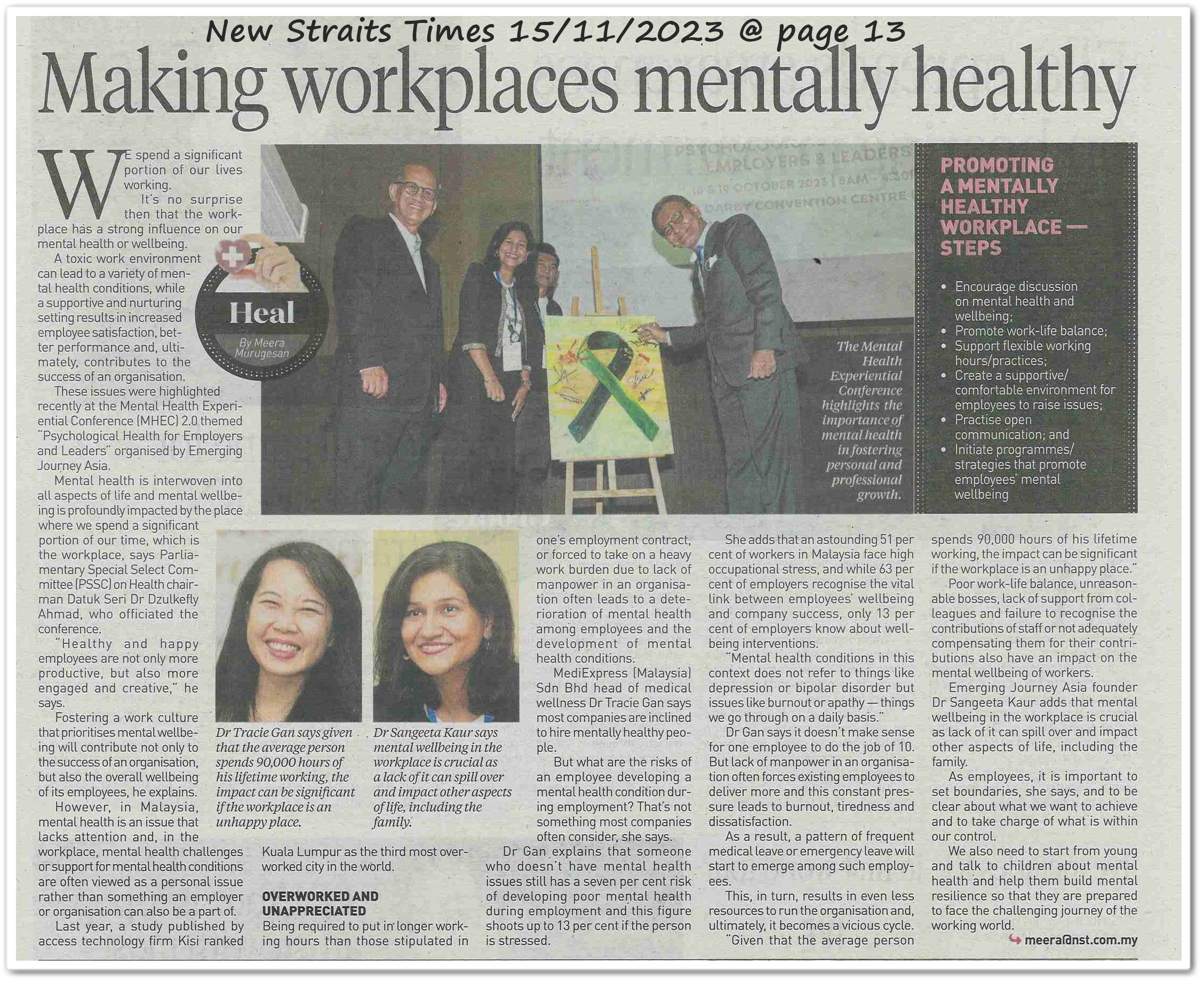 Making workplaces mentally healthy - Keratan akhbar New Straits Times 15 November 2023