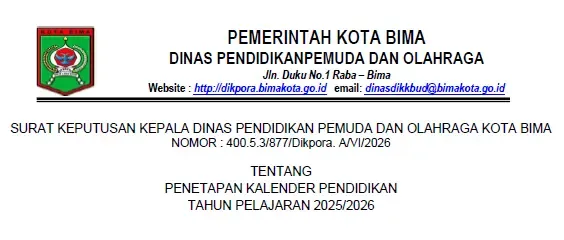 Kalender Pendidikan Kota Bima NTB Tahun Pelajaran (Ajaran) 2025/2026