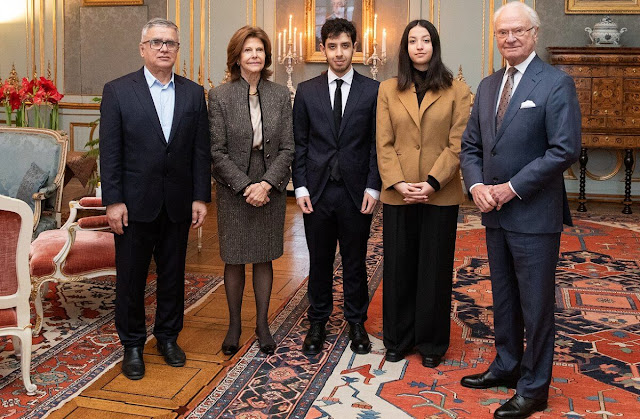 King Carl Gustaf, Queen Silvia, Narges Mohammadi's husband Taghi Rahmani and their children Ali and Kiana Rahmani