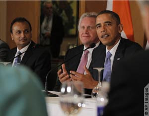 GE CEO Jeffrey Immelt Sitting Next to President Barack Obama in India, 6 November 2010