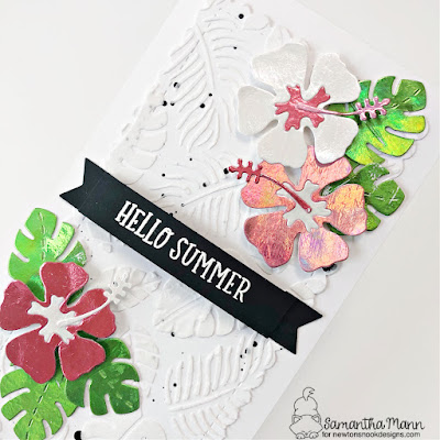 Summer Cards for Newton's Nook Designs and Therm O Web Collaboration Week, Deco Foil, Flock, heat embossing, slimline card, card making, Handmade Cards, stencil #newtonsnook #newtonsnookdesigns #thermoweb #decofoil #flock #stencil #diecuts