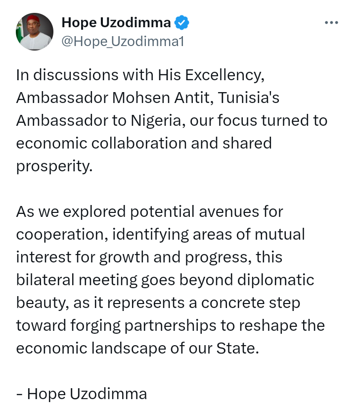 Governor of Imo State, Hope Uzodimma, and Ambassador Mohsen Antit, Tunisia's Ambassador to Nigeria