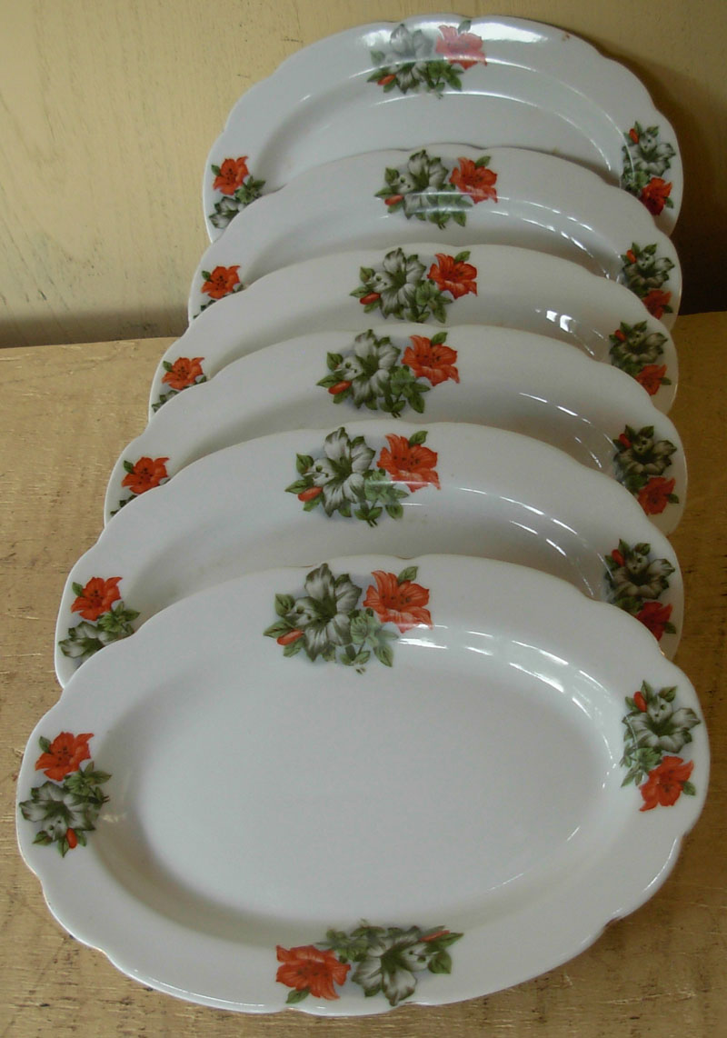 ORIENTAL 6 Pc Piring Keramik  Oval Motif  Bunga  Kangkung 