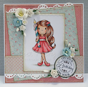 Girly birthday card featuring girl with candle (image from Paper Nest Dolls)