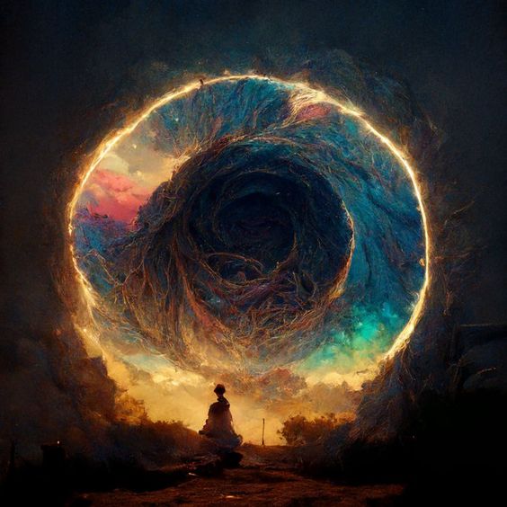 Fantasy art depicting a ring of light and sky, in a sort of sworling vortex with what looks like roots entwined within, hanging in the sky of a plant, like a portal. Created by William Eubank, Film Director