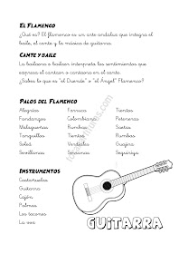   Ficha 2 El Flamenco en la Escuela ¿Qué es? Cante y baile, Palos de Flamenco e Instrumentos Musicales tradicionales. Colorear Guitarra