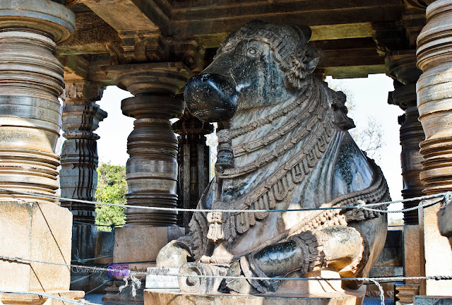 The more beautiful and ornate of the two Nandi statues at the Nandi Mantapa 1