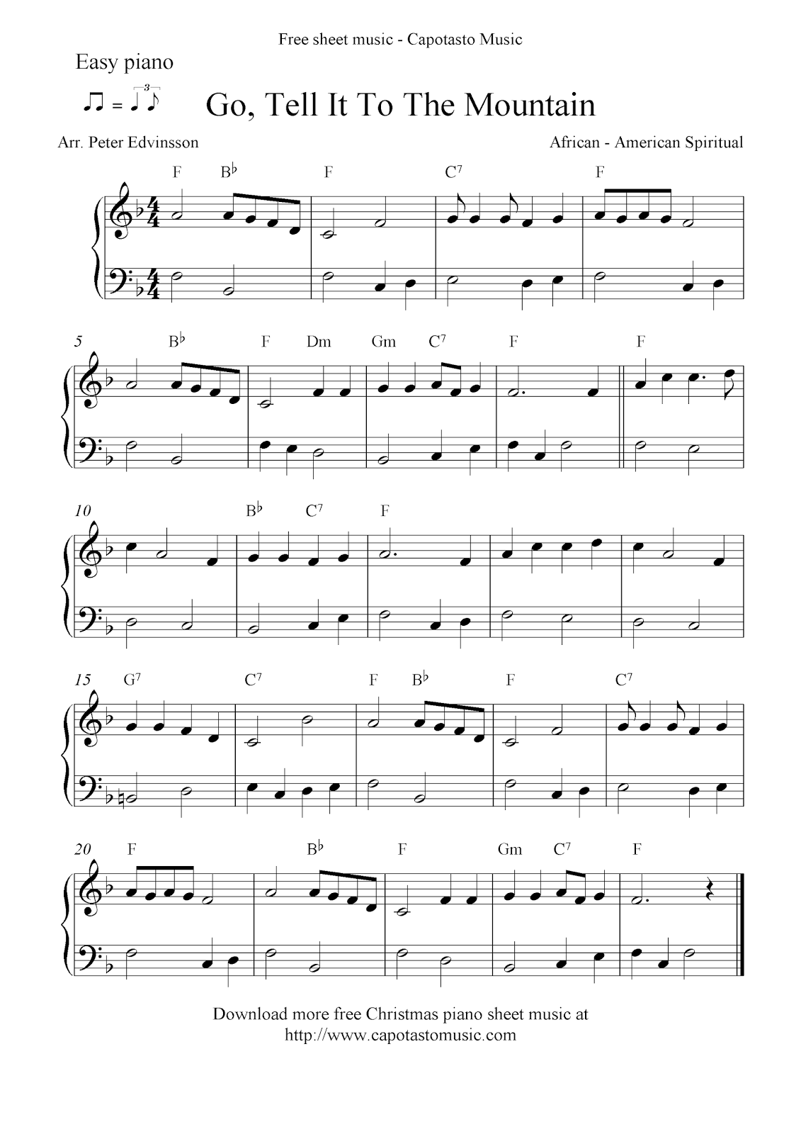 Easy free Christmas piano sheet music notes, Go, Tell It To The Mountain