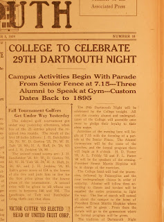 A newspaper clipping with the heading "College to Celebrate 29th Dartmouth Night."