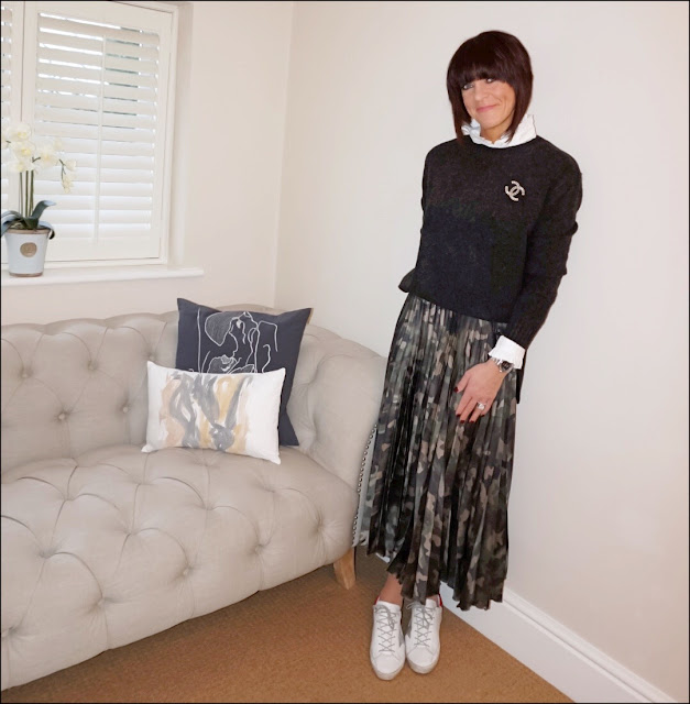 My Midlife Fashion, Chanel vintage brooch, h&M crew neck jumper, uniqlo ruffle high collar shirt, asos satin pleated midi camo skirt, golden goose superstar trainers