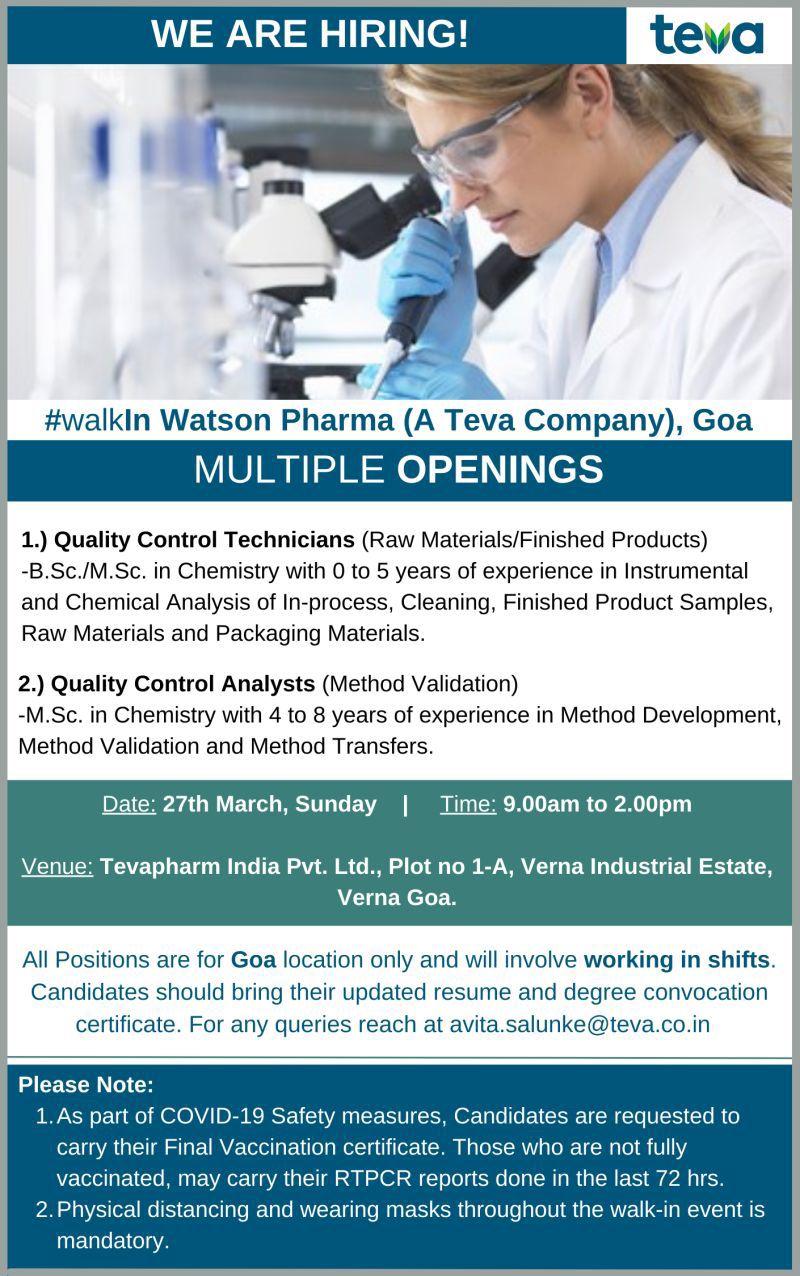 Job Availables,Teva Pharma Walk-In-Interview For BSc/ MSc Chemistry - Freshers/ Experienced
