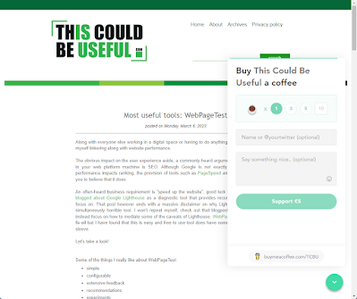 Opened BuyMeACoffee widget embedded on the ThisCouldBeUseful blog