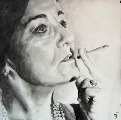 retrato en acuarela en blanco y negro de mujer fumando