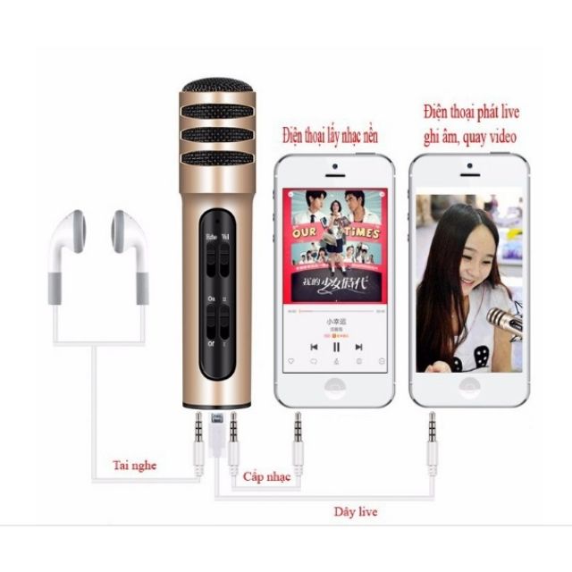 Micro C7 Loại 1 Thu Âm, Hát Karaoke, Livestream trên điện thoại 3 in 1,Hàng chất lượng cao Mic hát karaoke Bh 6 tháng