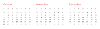 A screen shot of the October, November and December 2022 Calendar dates