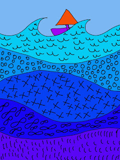 student drawing of a sailboat on patterned water