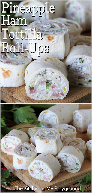 Pineapple-Ham Tortilla Roll-Ups ~ These tasty little bites are loaded with fabulous flavor from their combination of chopped ham, crushed pineapple, green pepper, onion, & chopped pecans. They're a perfect little bite for parties, lunchbox packing, or afternoon snacking. - And a perfectly delicious little way to enjoy that leftover ham!  www.thekitchenismyplayground.com