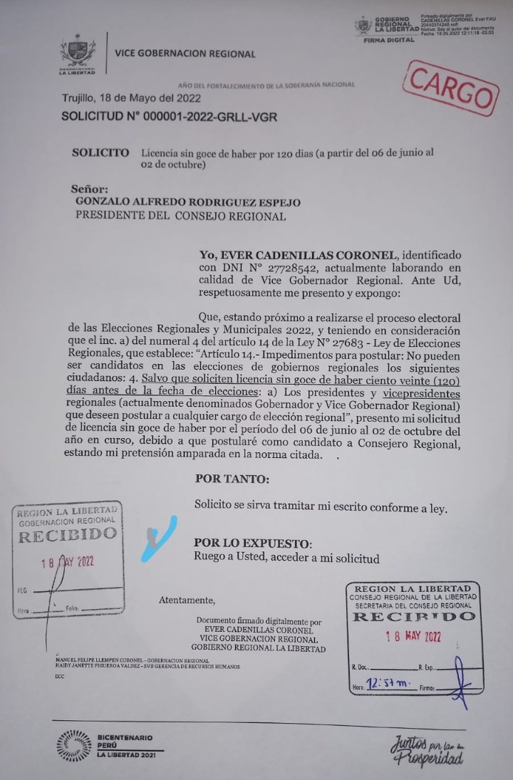 Licencia vicegobernador de La Libertad