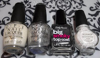 OPI 'Don't Touch My Tutu', OPI 'Pirouette My Whistle', Sally Hansen 'Big Smoky Top Coat', and Konad Special Polish in White