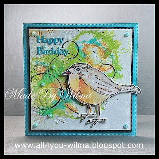 Felicitatie, Happy Birdday, Mixed Media, Vogel, Bird, Inkt, Ink, Stempels, Stamps, Stencil, Pasta, Paste, Papicolor, Crealies, All4You, ALL4YOU,