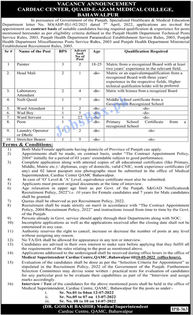 Latest Quaid E Azam Medical College-Jobs-April-2022