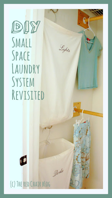 DIY small space laundry system using hanging laundry bags from The Red Chair Blog