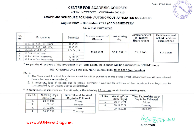 Anna University Academic Schedule UG & PG August to December 2021