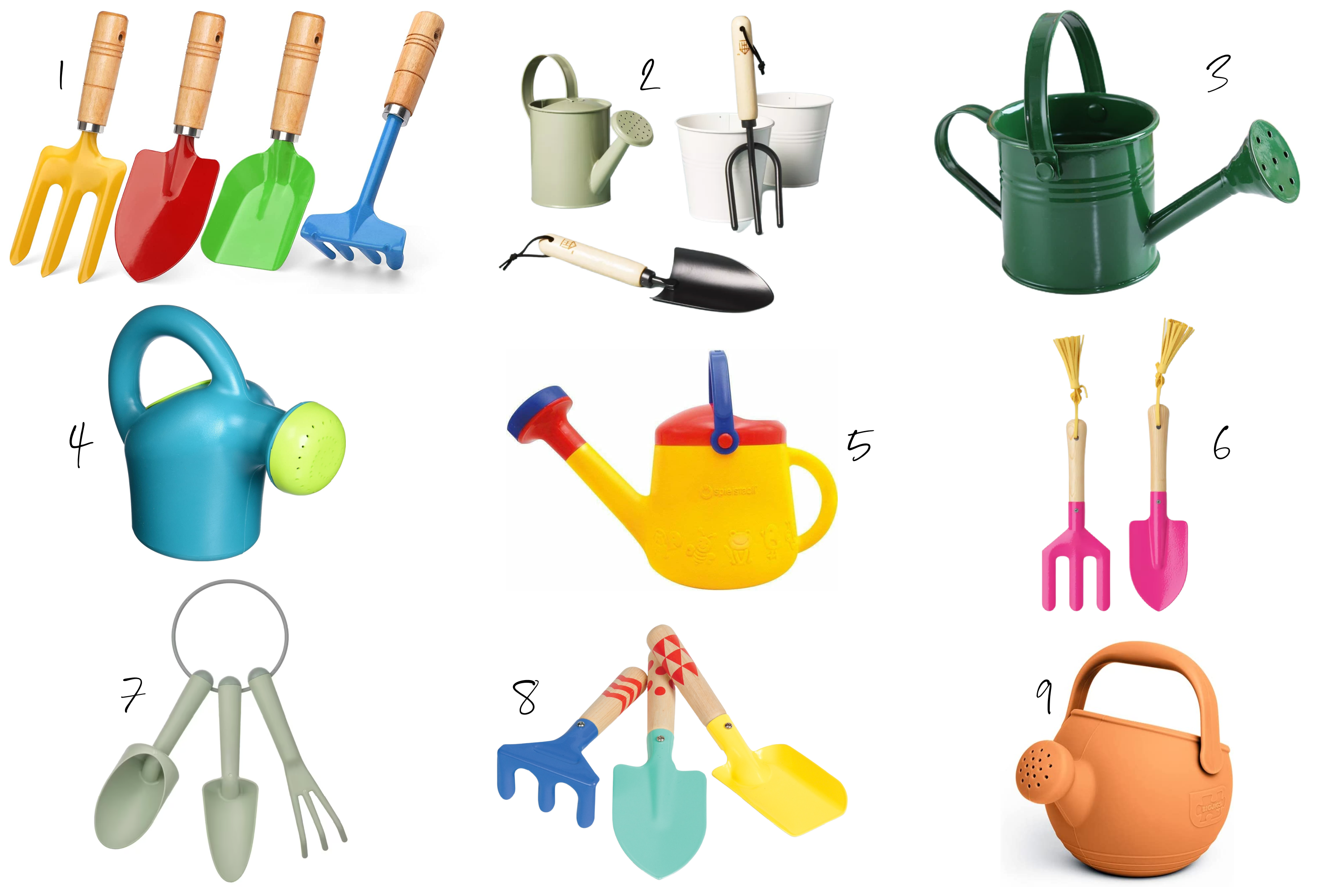 A collage of child sized and Montessori friendly gardening tools and watering cans for children.