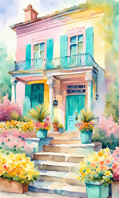 Pastel colored limestone colonial style building with flowers.