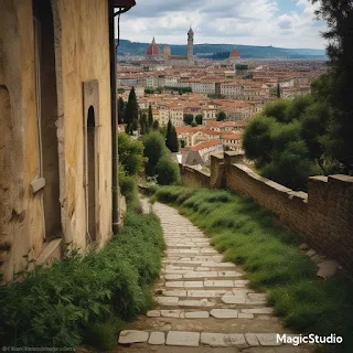 Stone path descending through lush greenery, leading to a cityscape with red-tiled roofs. Florenc,s Iconic cathedral domes dominate the skyline under a cloudy sky.