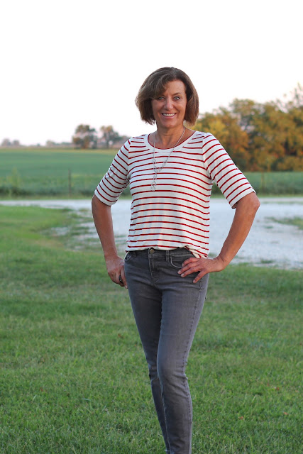 Simplicity 8337 in Style Maker Fabric's stripe knit and center seam omittied