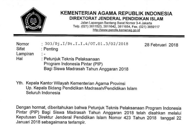 Petunjuk Teknis Program Indonesia Pintar (PIP) Bagi Madrasah Tahun 2018